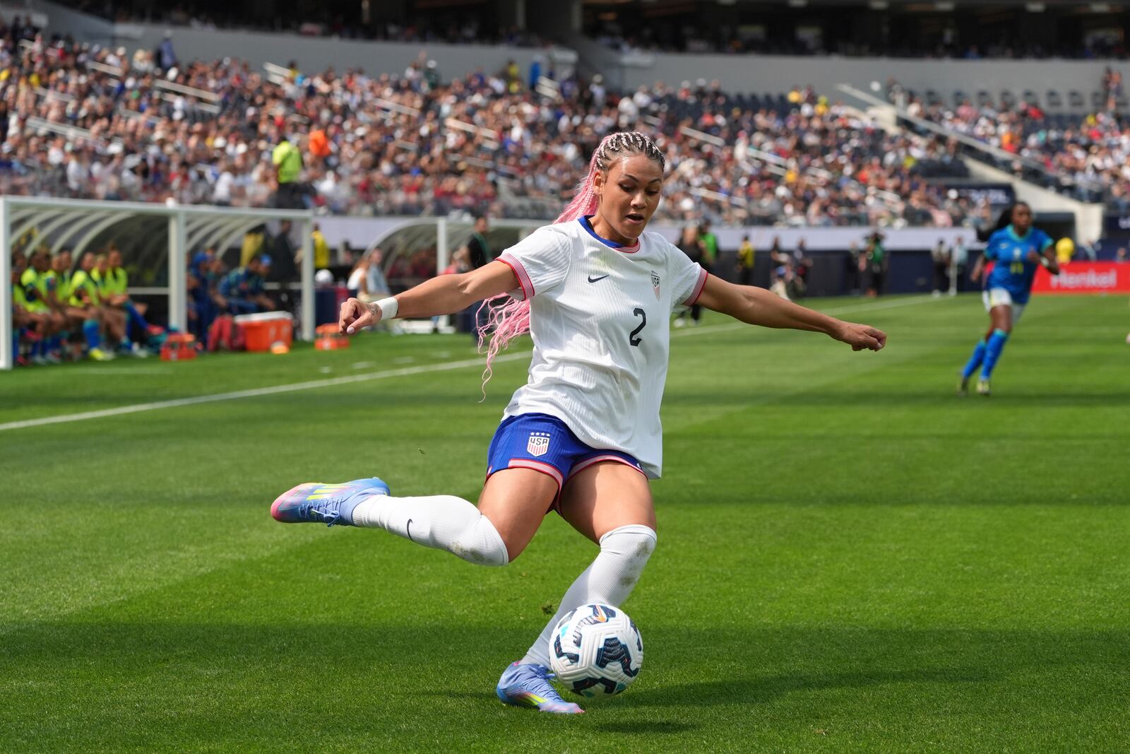 United States forward Trinity Rodman (2) passes the ball during the first half of a women's international friendly soccer match against Brazil in Inglewood, Calif. Saturday, April 5, 2025. (AP Photo/Jae C. Hong)