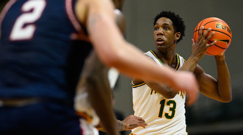 Wright State University's Simon Callaghan looks to pass the ball during their game against Robert Morris University on Sunday, Feb. 22, 2026 at the Nutter Center. The Colonials beat the Raiders 81-68. JEREMY MILLER / CONTRIBUTED PHOTO