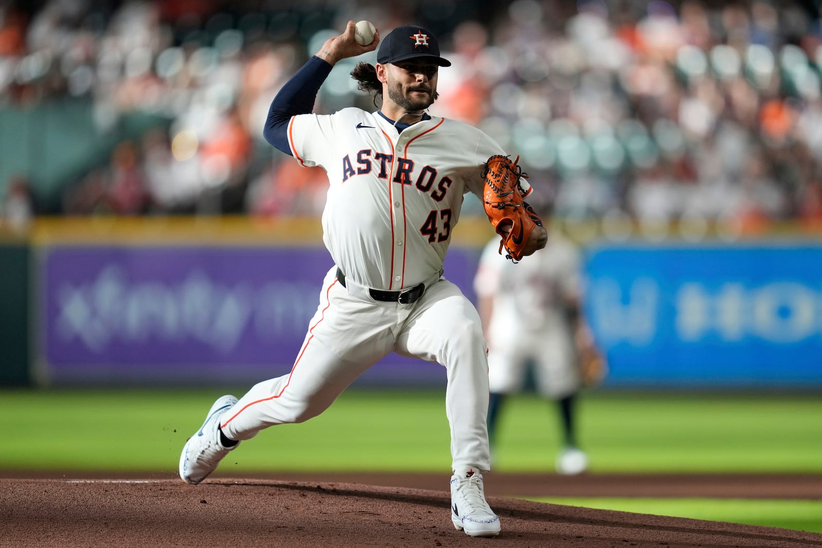 Houston Astros starting pitcher Lance McCullers Jr. (43) throws during the first inning of a baseball game against the Cincinnati Reds in Houston, Saturday, May 10, 2025. (AP Photo/Ashley Landis)