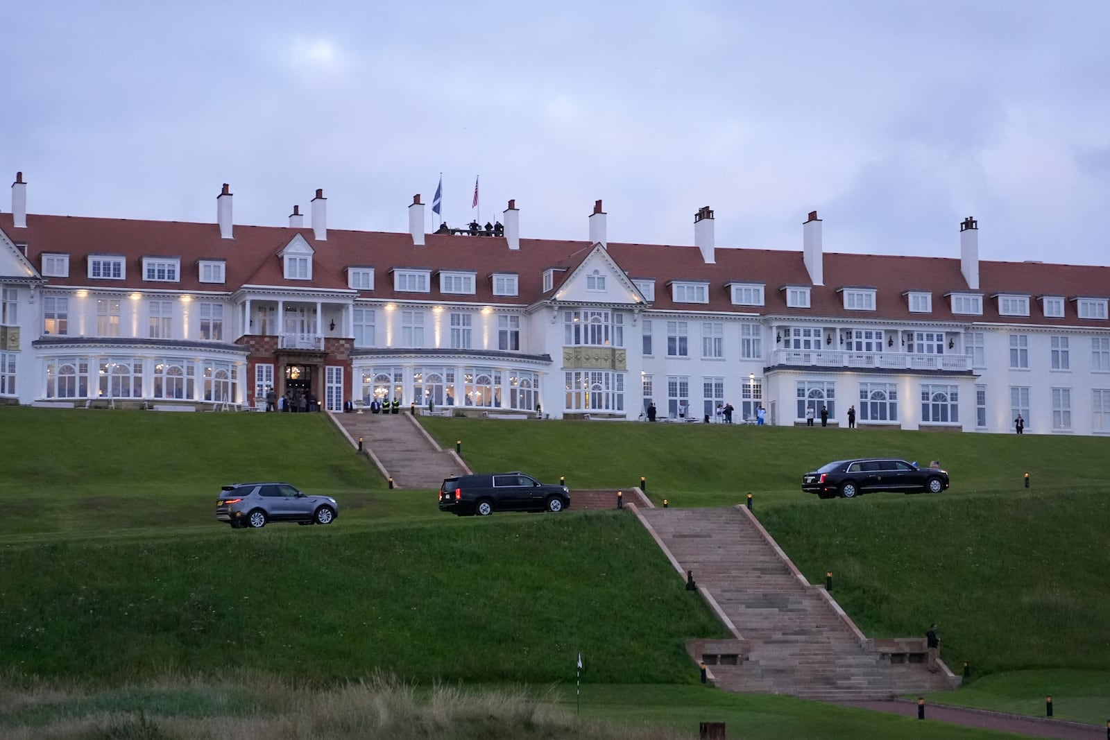 The motorcade with President Donald Trump arrives at the golf course in Turnberry, Scotland, Friday, July 25, 2025.(AP Photo/Jacquelyn Martin)