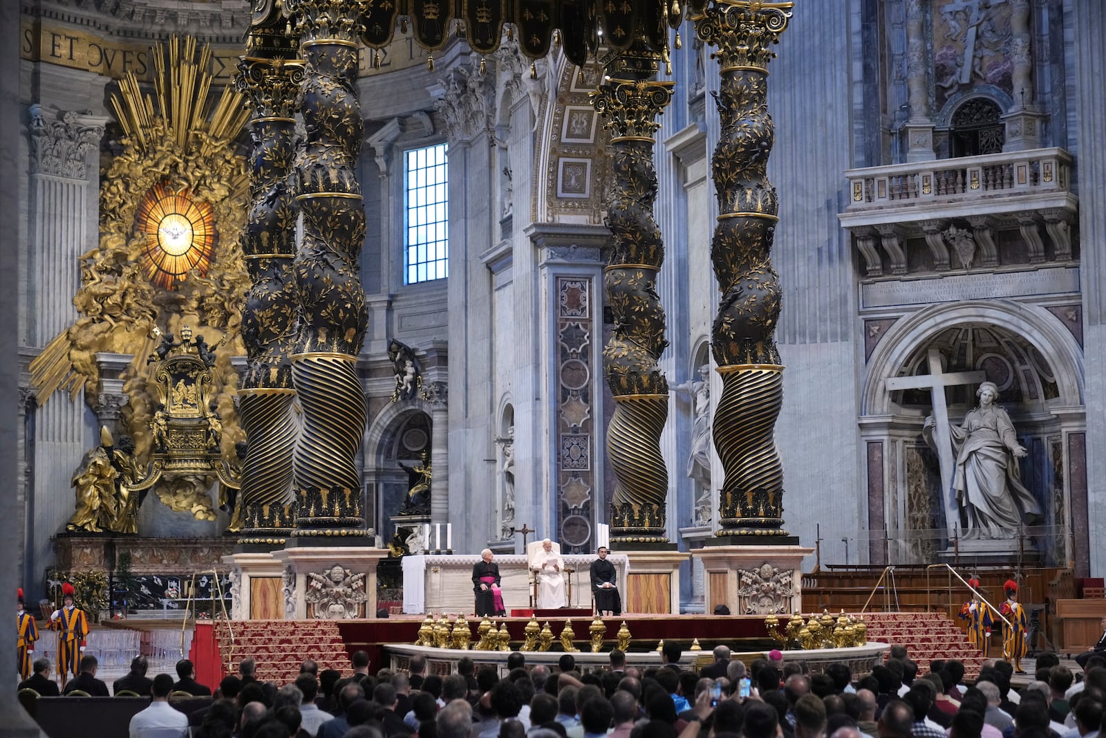 Pope Leo XIV leads a meditation with the participants into the Jubilee of Seminarists in St. Peter's Basilica at the Vatican, Tuesday, May 24, 2025. (AP Photo/Alessandra Tarantino)