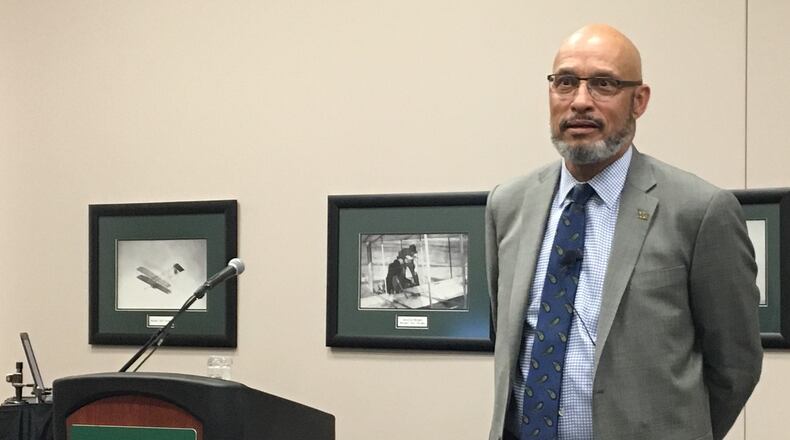Dennis Shields, the first of Wright State’s three presidential finalists, speaks during a forum at the university’s student union on Thursday. Shields covered a wide range of topics, including race and budget issues.