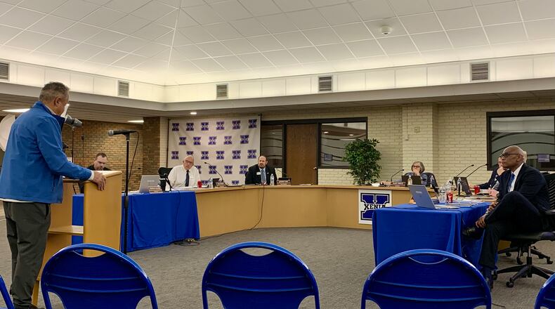 A member of the community addresses the Xenia School Board at their regular meeting, March 11, 2024. LONDON BISHOP/STAFF