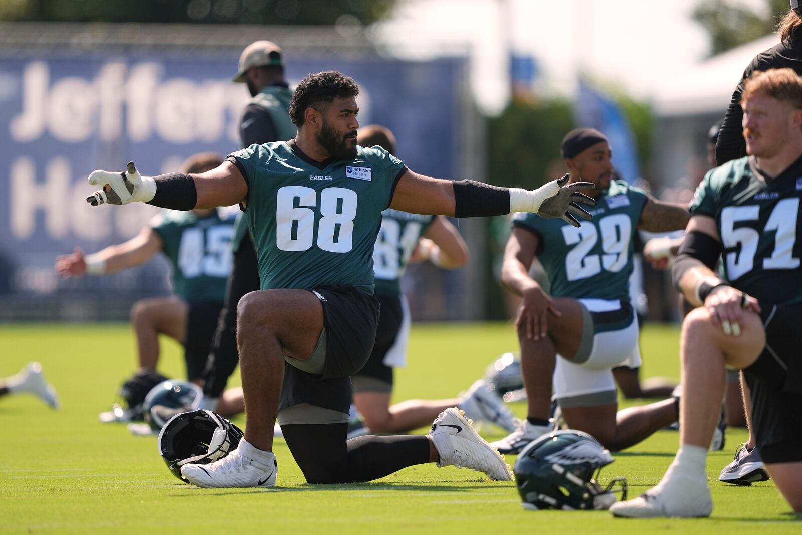 Philadelphia Eagles offensive tackle Jordan Mailata warms up during an NFL football training camp, Wednesday, July 23, 2025, in Philadelphia. (AP Photo/Matt Rourke)