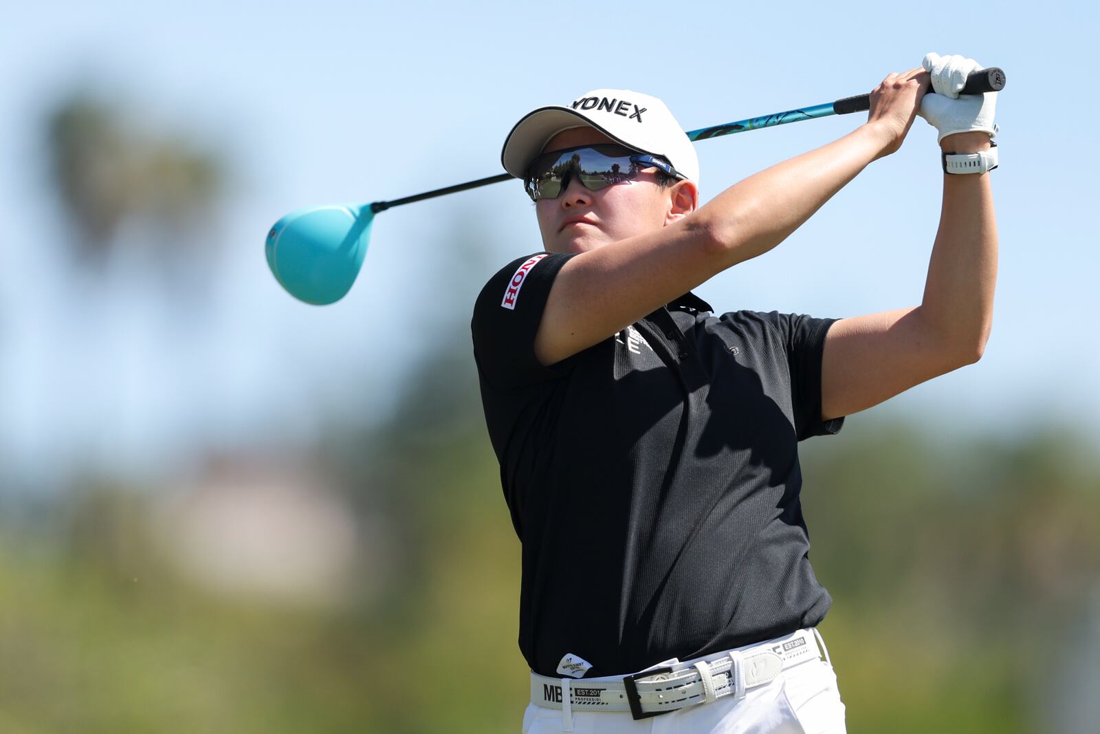 Akie Iwai hits from the seventh tee during the final round of the LPGA's JM Eagle LA Championship golf tournament at El Caballero Country Club Sunday, April 20, 2025, in Los Angeles. (AP Photo/Jessie Alcheh)