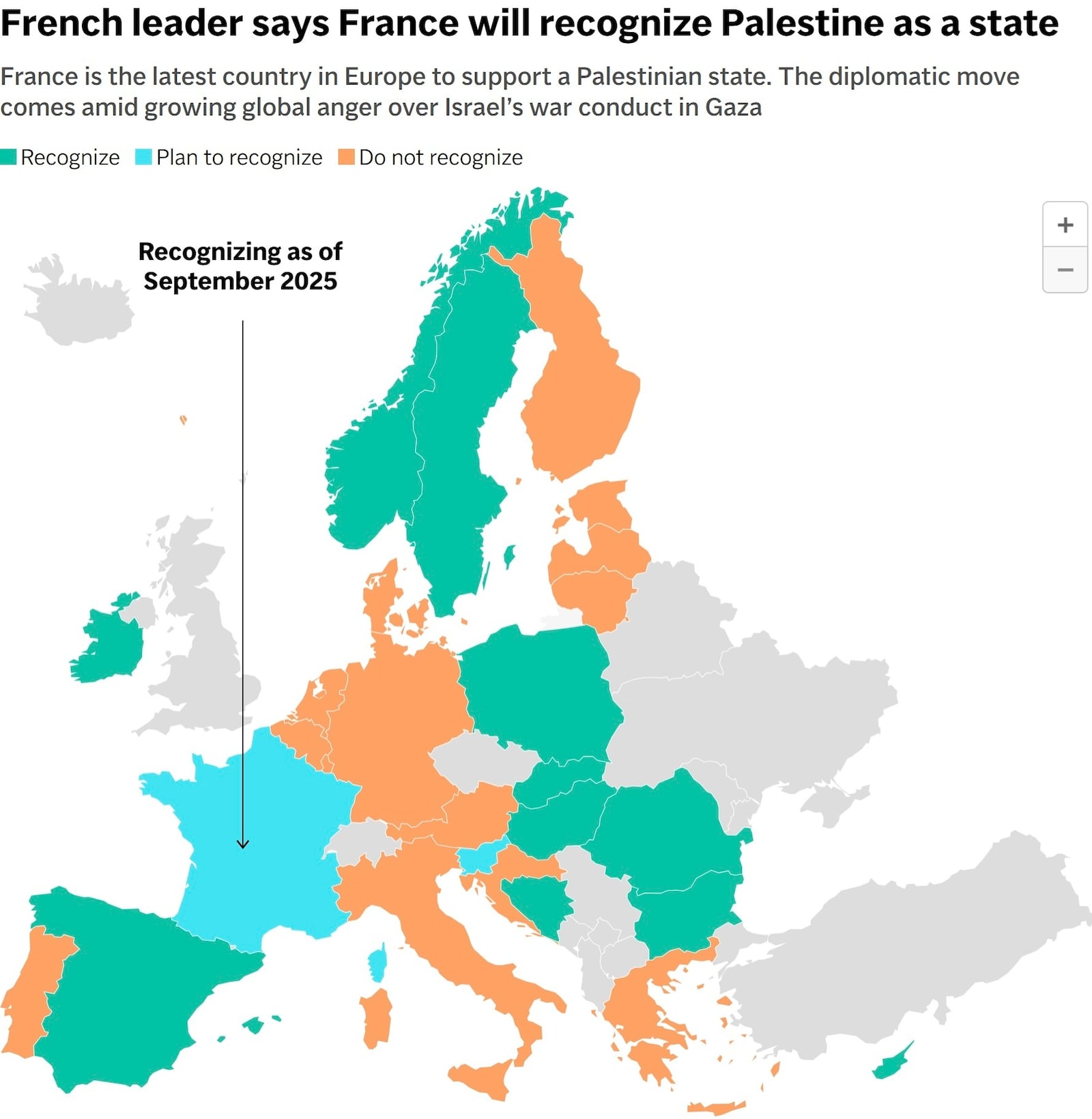 A map of European countries that have recognized Palestine as a state. (AP Digital Embed)