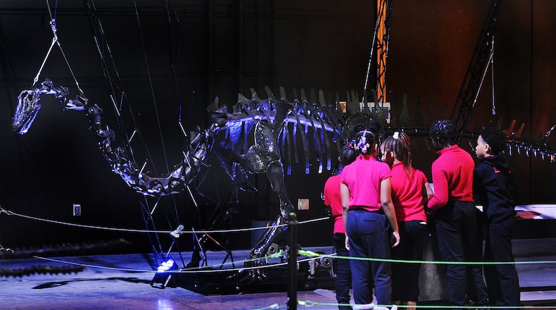 The ‘Dinosaurs in Motion’ exhibit at the National Museum of U.S. Air Force includes 14 interactive dinosaur sculptures. The display is to educate people on the long-lost inhabitants of planet Earth. Guests will be able to see metal skeletons of Triceratops, Ankylosaurus, Tyrannosaurus and more. These dinosaurs are also interactive, as guests can make them move and bite using remote controls. The exhibit runs from Feb. 17-May 13. MARSHALL GORBY\STAFF