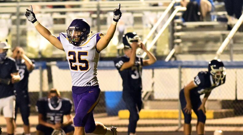 Bellbrook's Ashton Ault celebrates his team's overtime win over Valley View at Barker Field on Friday, Sept. 11, 2020. Nick Falzerano/CONTRIBUTED