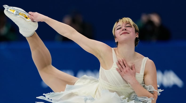 Alysa Liu of the United States competes during the women's short program figure skating at the 2026 Winter Olympics, in Milan, Italy, Tuesday, Feb. 17, 2026. (AP Photo/Natacha Pisarenko)