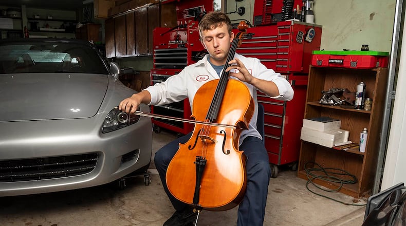 Nick Dunbar, a cello performance major at Wright State, balances a love of music with a passion for automobiles. Contributed