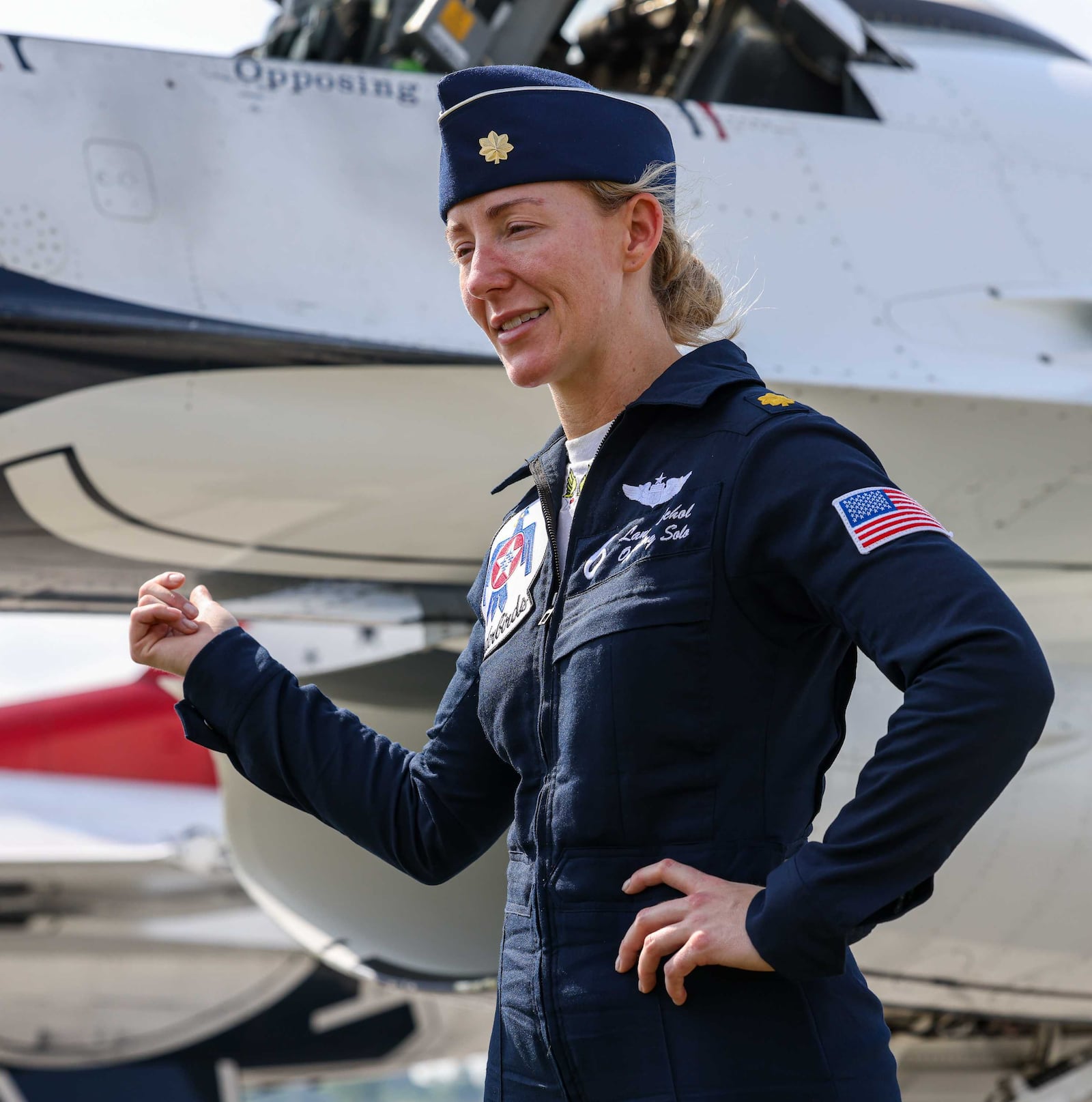 Air Force Major Laney Schol speaks with reporters on June 18, 2025 ahead of the Dayton Air Show. Schol is flying in USAF Thunderbirds jet number 6 in her first season with the group. BRYANT BILLING / STAFF