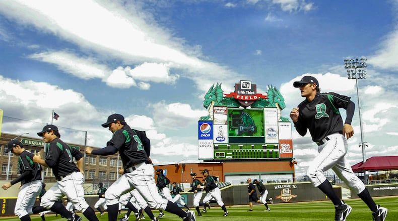 With sunny skies overhead, Dayton Dragons prepare for their Opening Day, Thursday at 7pm, against Great Lakes Loons at Fifth Third Field during Media Day on Wednesday April 8.