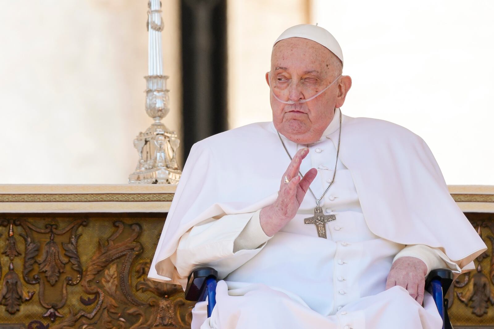 FILE - Pope Francis arrives in a wheelchair at the end of a mass in St. Peter's Square at The Vatican, Sunday, April 6, 2025, part of the Jubilee of the sick and the health workers. (AP Photo/Andrew Medichini, File)