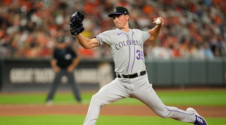 Colorado Rockies relief pitcher Brent Suter throws to the Baltimore Orioles during the eighth inning of a baseball game, Friday, Aug. 25, 2023, in Baltimore. The Orioles won 5-4. (AP Photo/Julio Cortez)