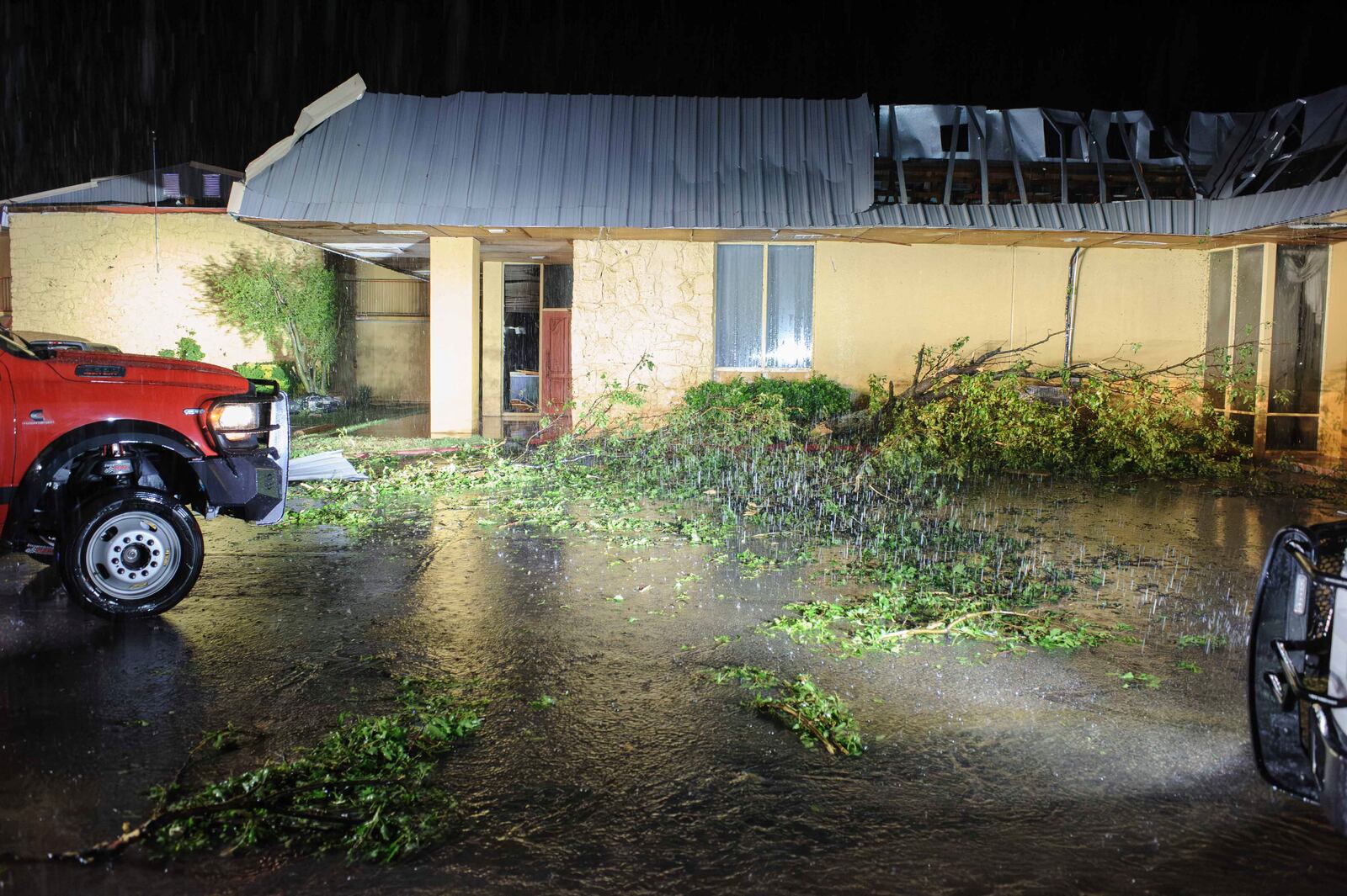 Debris covers the ground after severe storms passed the area in Ada, Okla., on Saturday, April 19, 2025. (Richard R. Barron/The Ada News via AP)