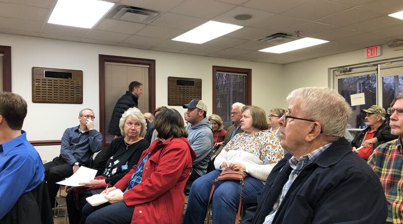 Residents crowded a Clearcreek Twp. meeting Tuesday night where a rezoning sought by Oberer Land Developers was unanimously rejected. STAFF/LAWRENCE BUDD