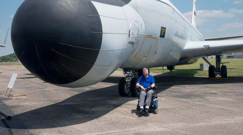 Bill Nolte sits next to the Boeing EC-135E ARIA on June 11 in the Air Park at the National Museum of the U.S. Air Force. He oversaw maintenance of the aircraft during his 18-year career as an aircraft maintenance officer. (Contributed photos/Jason Nolte)