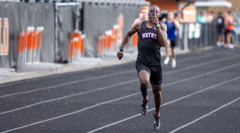 Wayne freshman Jamier Averette-Brown anchors the 4x200 winning relay team at the GWOC meet Wednesday at Beavercreek High School. Jeff Gilbert/CONTRIBUTED