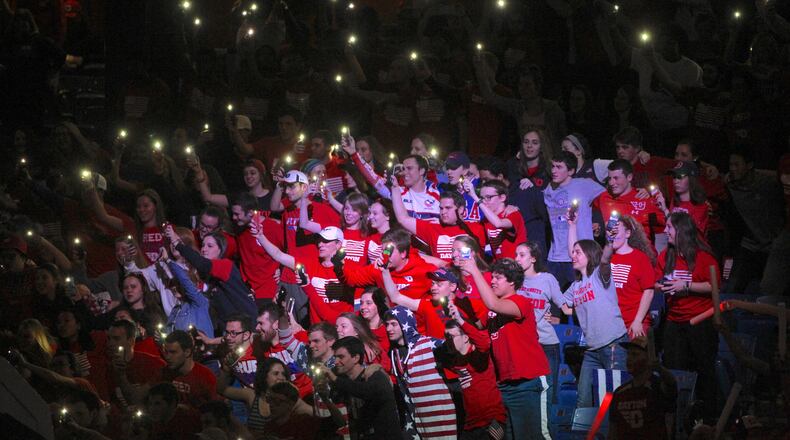 Dayton fans cheer during pregame introductions against George Mason on Feb. 21, 2017, at UD Arena. David Jablonski/Staff