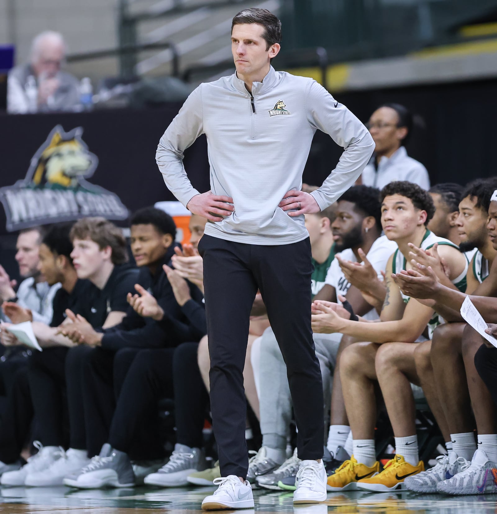 Wright State coach Clint Sargent watches from the sidelines during a Horizon League game against Youngstown State on Thursday, Jan. 15 at Ervin J. Nutter Center in Fairborn. BRYANT BILLING/STAFF