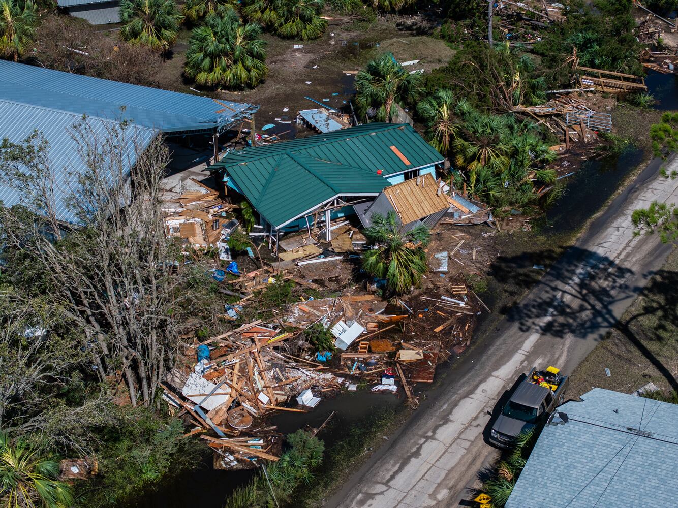 Destroyed and damaged homes after Hurricane Helene in the community of Cedar Island near Keaton Beach, Fla., on Friday, Sept. 27, 2024.  (Paul Ratje/The New York Times)