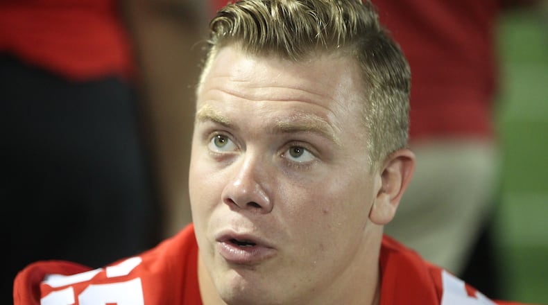Ohio State’s Pat Elflein talks to reporters during Media Day on Sunday, Aug. 14, 2016, at the Woody Hayes Athletic Center in Columbus. David Jablonski/Staff