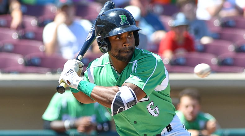 Dayton left fielder Malik Collymore looks at a pitch during the fourth inning of Dayton’s game against Fort Wayne on Sunday at Fifth Third Field. Contributed Photo by Bryant Billing