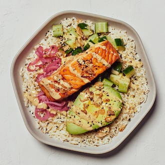 Sweetgreen offers salads and protein bowls, including the Miso glazed salmon featuring avocado, cucumbers, pickled onions, crispy onions, white rice, nori sesame seasoning and spicy cashew. CONTRIBUTED