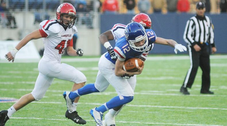 Massie QB Corey Stulz. Steubenville defeated Clinton-Massie 50-36 to win a D-IV high school football state championship at Canton on Saturday, Dec. 2, 2017. MARC PENDLETON / STAFF