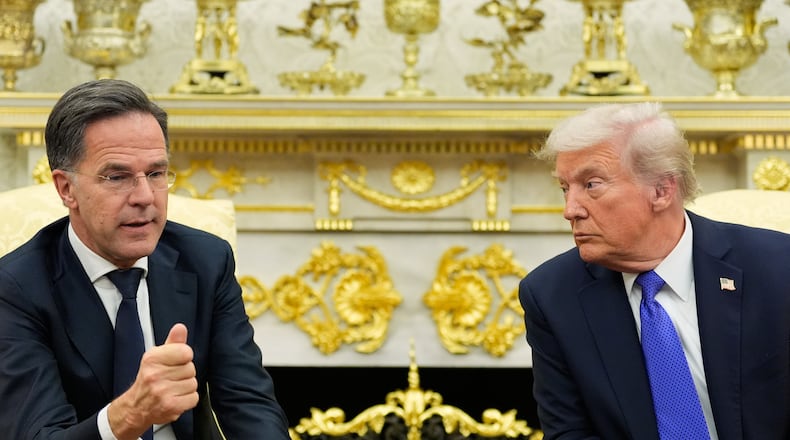 President Donald Trump meets with NATO Secretary General Mark Rutte in the Oval Office of the White House, Wednesday, Oct. 22, 2025, in Washington. (AP Photo/Alex Brandon)