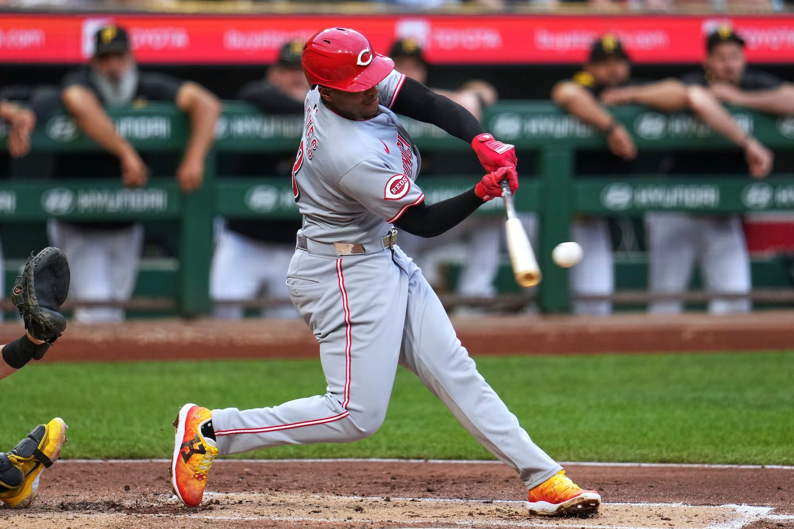 Cincinnati Reds' Ke'Bryan Hayes singles off Pittsburgh Pirates pitcher Paul Skenes during the third inning of a baseball game in Pittsburgh, Thursday, Aug. 7, 2025. (AP Photo/Gene J. Puskar)