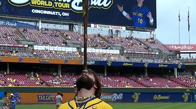 The Savannah Bananas baseball team entertained a sold-out crowd June 13, 2025 at Great American Ball Park in Cincinnati. PHOTO BY WCPO-9