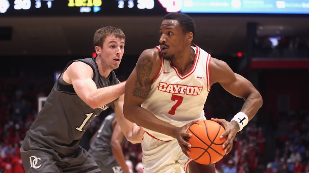 Dayton's Keonte Jones looks for a shot against Davidson on Sunday, Feb. 15, 2026, at UD Arena. David Jablonski/Staff