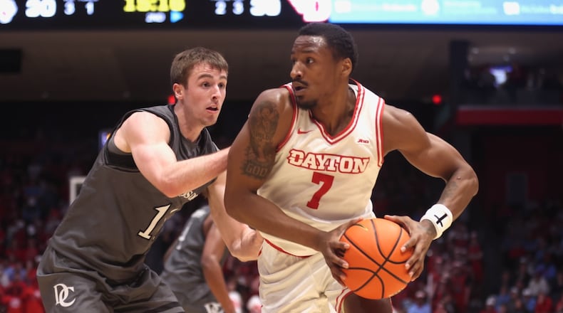 Dayton's Keonte Jones looks for a shot against Davidson on Sunday, Feb. 15, 2026, at UD Arena. David Jablonski/Staff
