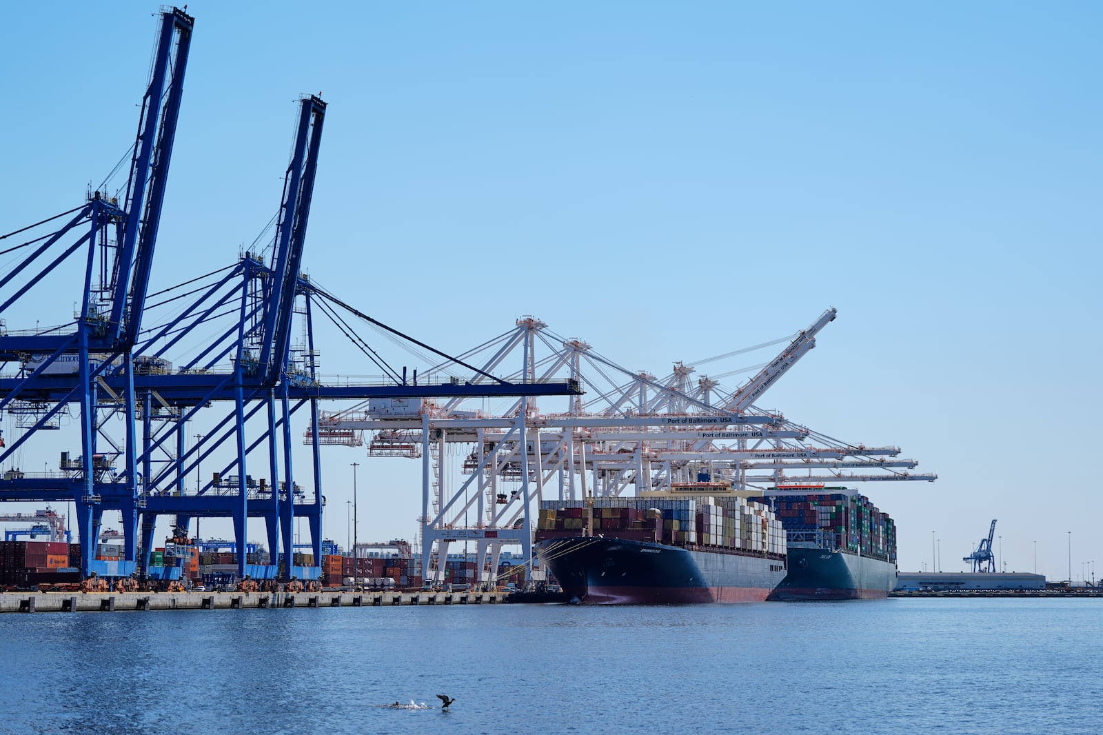 Container ships Epaminondas and Talos are docked at the Port of Baltimore, Wednesday, April 9, 2025, in Baltimore. (AP Photo/Stephanie Scarbrough)