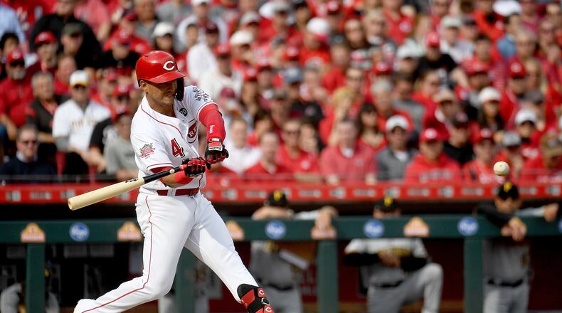 CINCINNATI, OHIO - MARCH 28: Jose Iglesias #4 of the Cincinnati Reds hits the ball for a double during the second inning on Opening Day between the Pittsburgh Pirates and the Cincinnati Reds at Great American Ball Park on March 28, 2019 in Cincinnati, Ohio. (Photo by Bobby Ellis/Getty Images)