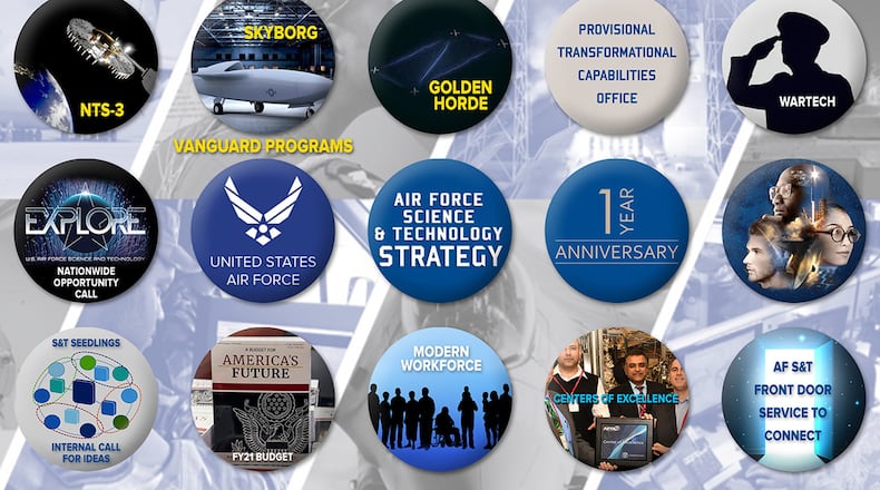In the spring of 2019, the Air Force released the Air Force Science and Technology Strategy to secure continued technological advantage over rapidly developing state competitors in 2030 and beyond through future technology research and converting new technologies into transformational warfighting concepts. Over the course of the past year, the Air Force has made big strides in implementing key parts of the strategy. (U.S. Air Force illustration/Patrick Londergan)