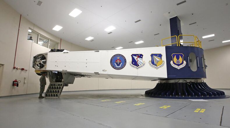 The Air Force is in the testing phase of a human rated centrifuge for gravity training and research at the 711th Human Performance Wing on Wright-Patterson Air Force Base. At the base where g-force training and research has been conducted since the dawn of the jet age, this new centrifuge replaces several in the Department of Defense including one that is already mothballed in Building 33. Maintaining fighter pilot g-tolerance is a critical part of flight physiology for as the performance of the latest generation of fighter aircraft become more demanding of the pilots. TY GREENLEES / STAFF