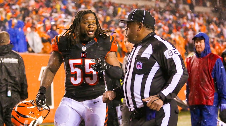 Bengals linebacker Vontaze Burfict pleads his case to an official after the Steelers’ 18-16 win in the wild card playoff game at Paul Brown Stadium in Cincinnati on Saturday, Jan. 9 GREG LYNCH / STAFF
