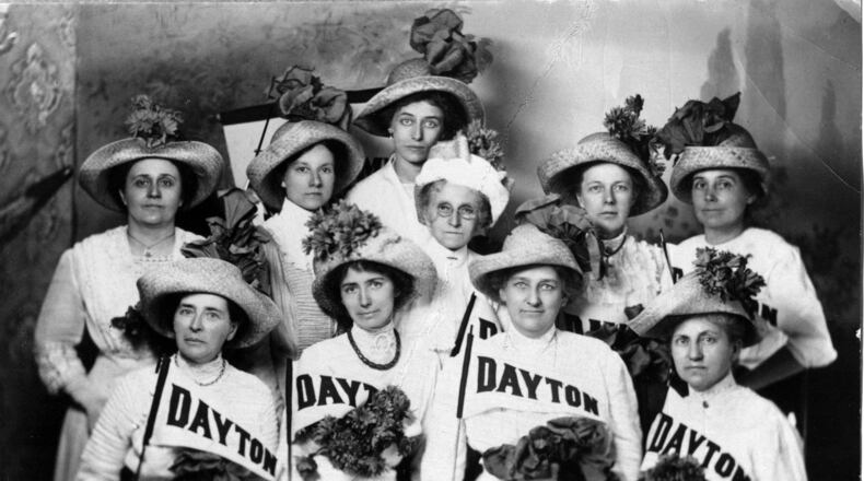 These women suffragists of Dayton marched for women's right in 1913. They are being honored at the 90th anniversary of the League of Women Voters.
The women pictured who went to Washington in 1913 were (left to right, back row) Ada Eby, Lena Bunn, Mrs. R.K. Welliver, Jane Marlay, A.K. Neibel and Miss Elizabeth Hecker.
Front row, left to right: Mrs. McCrea, Mrs. Kipple Hall, Jessee Davisson and Mrs. J.E. Welliver.