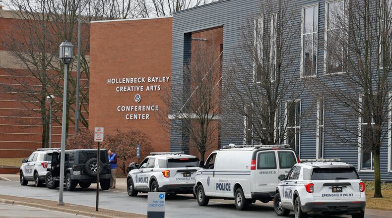 Springfield Police vehicles were parked in front of Clark State College's Hollenbeck Bayley Creative Arts and Conference Center Thursday, Feb. 16, 2023 following a bomb threat. BILL LACKEY/STAFF