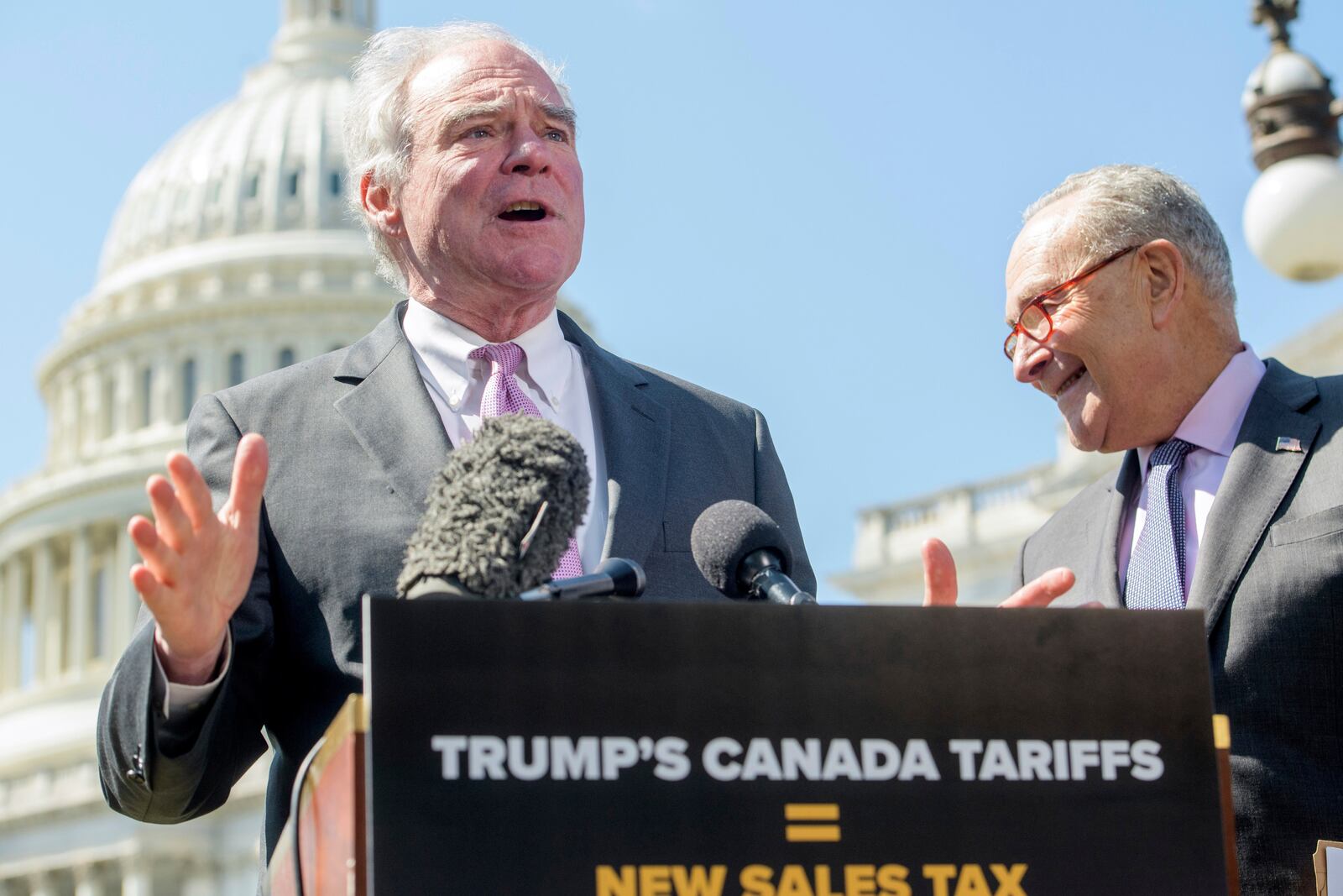 FILE - Sen. Tim Kaine, D-Va., speaks during a news conference regarding President Donald Trump's pending tariffs on Canada, at the Capitol, April 1, 2025, in Washington. (AP Photo/Rod Lamkey, Jr.. File)