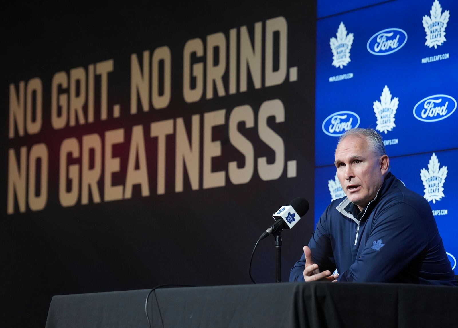 Toronto Maple Leafs head coach Craig Berube speaks to the media during an end-of-season NHL hockey news conference in Toronto, Tuesday, May 20, 2025. (Nathan Denette/The Canadian Press via AP)