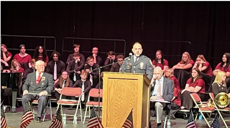 Franklin police Chief Adam Colon was the featured speaker at the 23rd annual Veterans Day Program at Franklin High School. Colon, an Army veteran, spoke about values he learned in the service that he continues to follow. ED RICHTER/STAFF