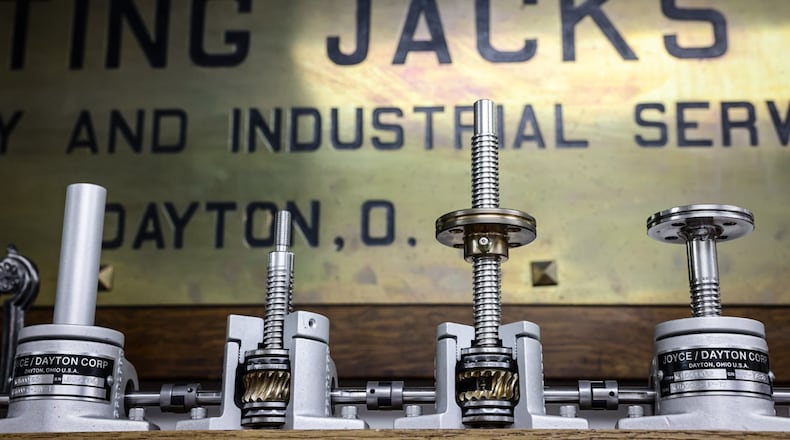 Joyce/Dayton Corp., which has been headquartered in Kettering for about 50 years, marks its 150th business anniversary this year. The business makes jacks, including these used adjust heights on conveyor belts. JIM NOELKER/STAFF
