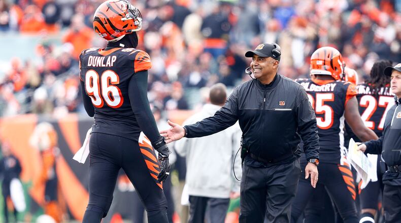 Bengals head coach Marvin Lewis was quite happy after  Carlos Dunlap made against the Ravens in a 27-10 win over the Ravens on Jan. 1 in Paul Brown Stadium. He was quite pleased as well over the weekend when he made a fancy putt from off a green in a celebrity golf tournament in Lake Tahoe.