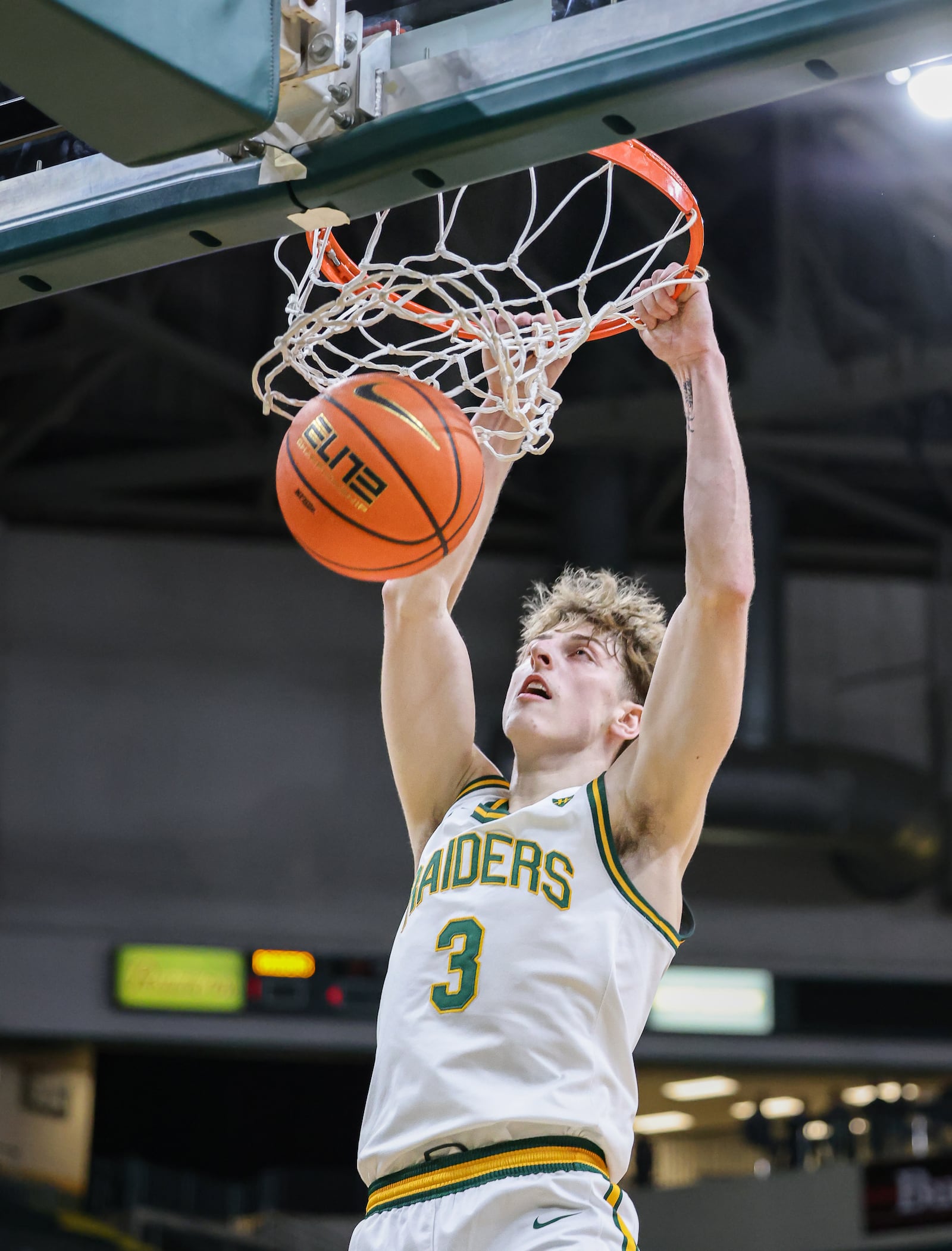 Wright State sophomore guard Dominic Pangonis dunks in the first half of a season opener against Franklin College on Monday, Nov. 3 at Ervin J. Nutter Center in Fairborn. BRYANT BILLING/STAFF