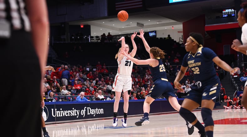 Dayton’s Erin Whalen puts up a shot against George Washington at UD Arena on Feb. 19, 2020. Erik Schelkun/CONTRIBUTED