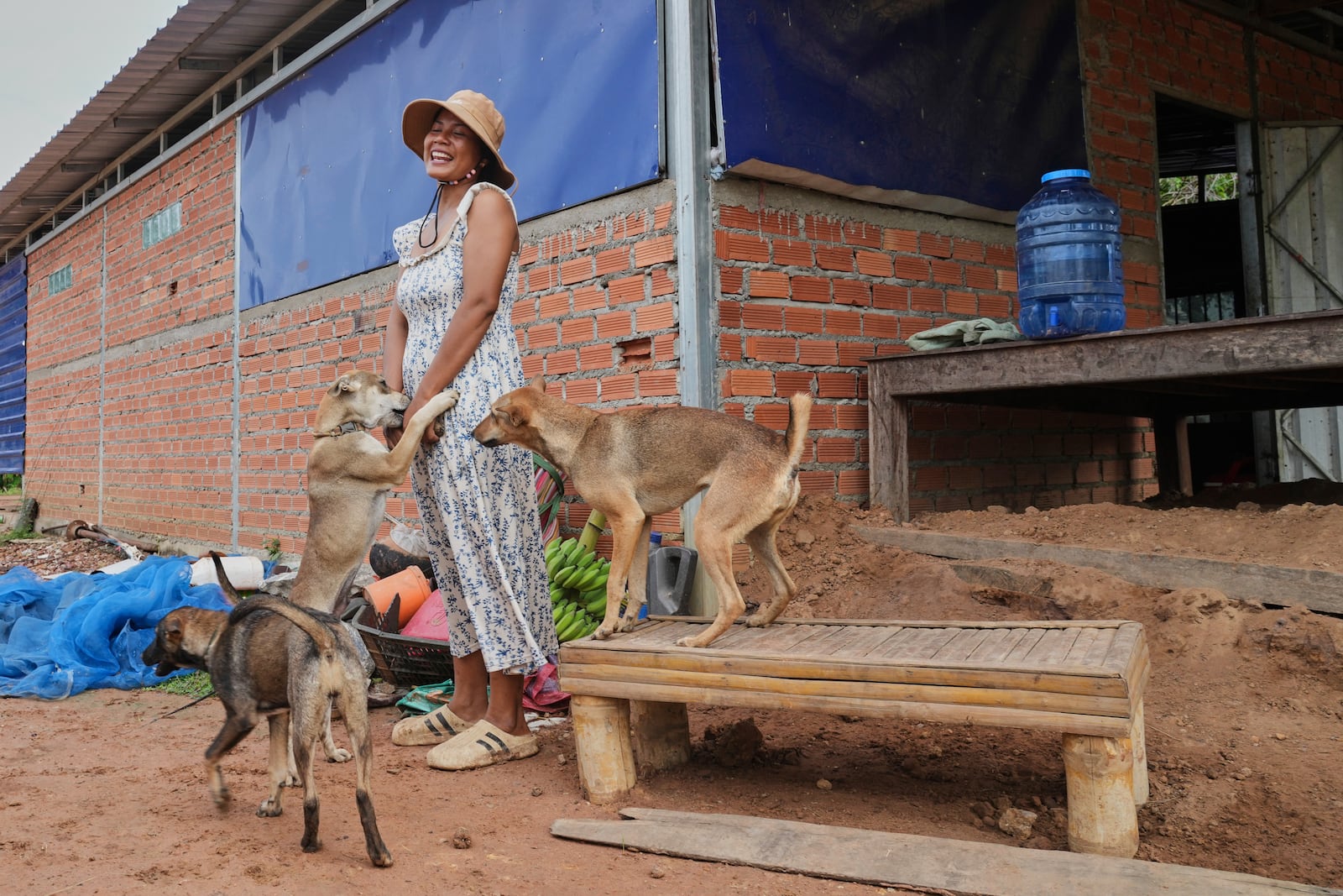 Cambodian woman, Soklang Sareoun, 28, greets her dogs she returns home after five days in Prasat Roboeuk village, Oddar Meanchey province, Cambodia, Tuesday, July 29, 2025, after a ceasefire was supposed to take effect Monday night between Thailand and Cambodia. (AP Photo/Heng Sinith)