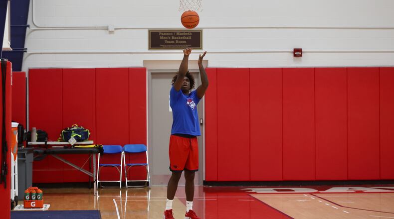 Dayton's Marvel Allen shoots during a summer practice on Monday, July 22, 2024, at the Cronin Center. David Jablonski/Staff